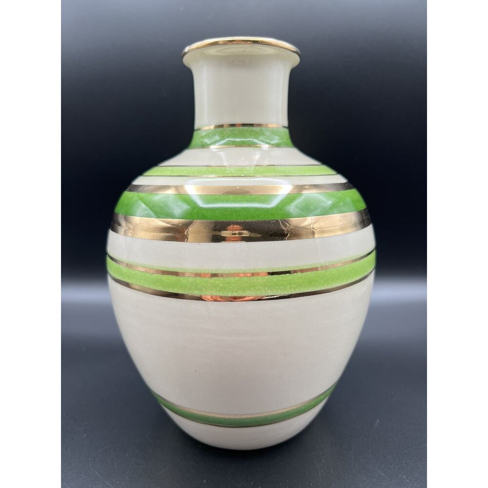 Rosenthal Netter 9” Ceramic Green & Gold Striped Vase Made in Italy Vintage MCM